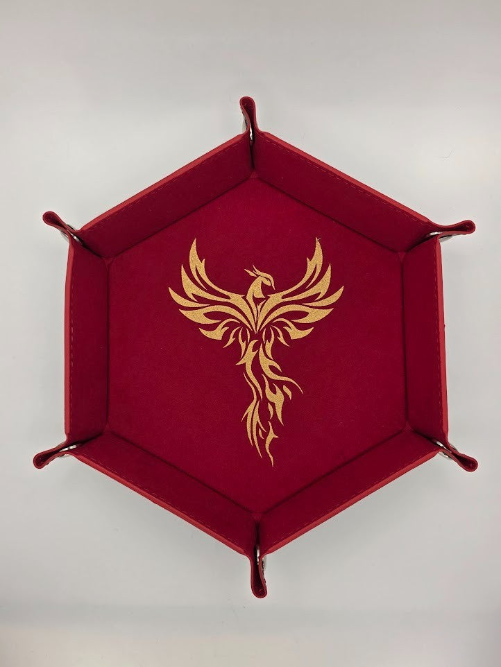 Red Pheonix Dice Tray Hexagon Folding Leather and Velvet Dice Tray