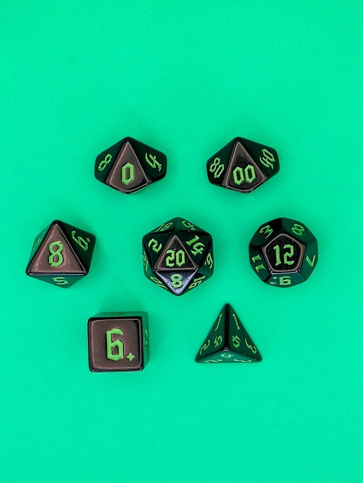 7PCS DND Dice Set "Green Knight" Polyhedral Dice With Drawstring Bag for D&D