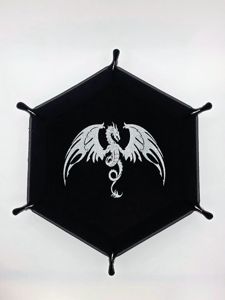 Black Dragon Dice Tray Hexagon Folding Leather and Velvet Dice Tray