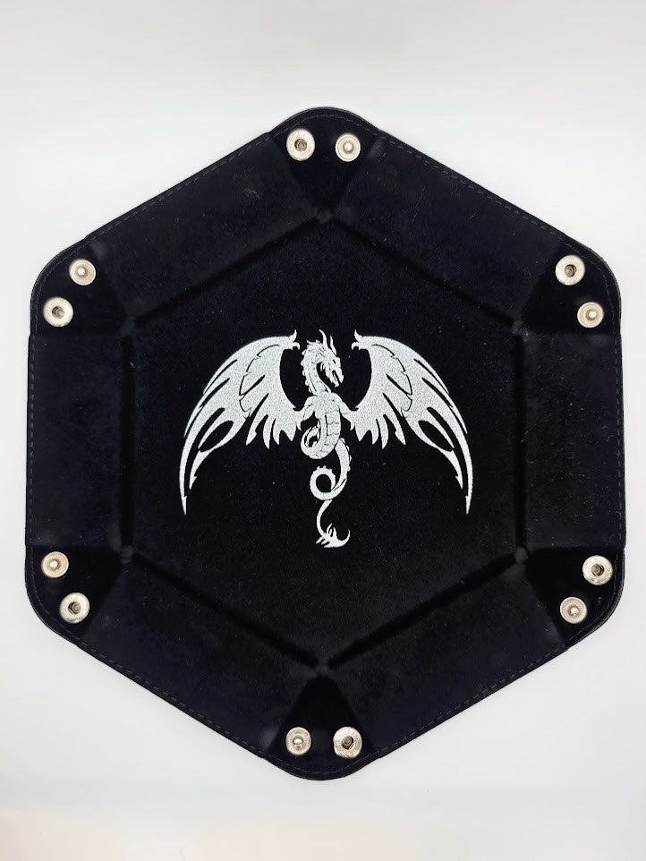 Black Dragon Dice Tray Hexagon Folding Leather and Velvet Dice Tray