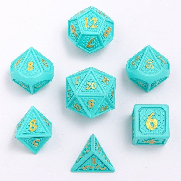 Mystery Set of 7 Matching Ornate Solid Metal Polyhedral D&D RPG Dice