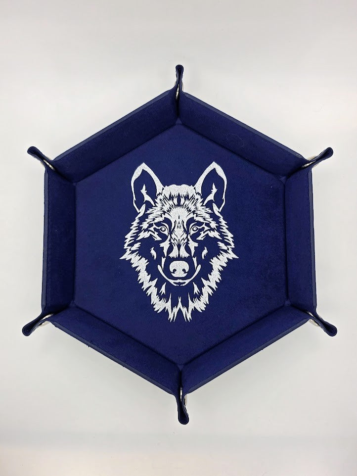 Blue Wolf Dice Tray Hexagon Folding Leather and Velvet Dice Tray