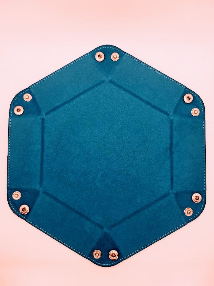 Blue Dice Tray Hexagon Folding Leather and Velvet Dice Tray