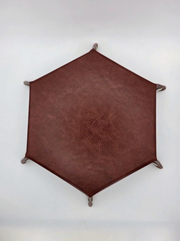 Brown Dice Tray Hexagon Folding Leather and Velvet Dice Tray