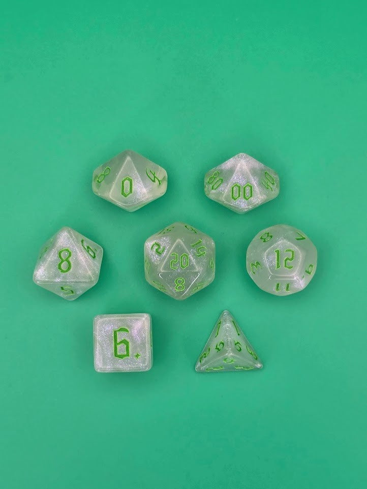7PCS DND Dice Set "Crystal Green" Polyhedral Dice With Drawstring Bag for D&D