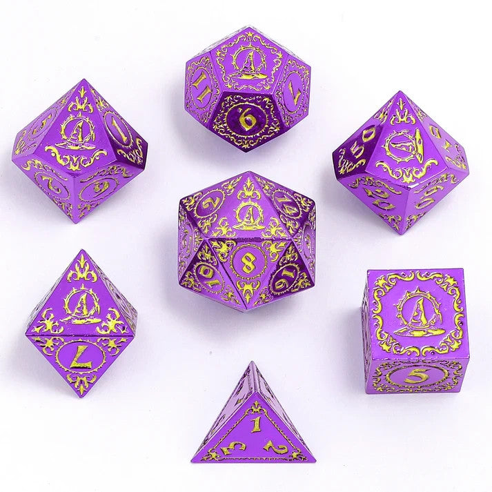 Mystery Set of 7 Matching Ornate Solid Metal Polyhedral D&D RPG Dice