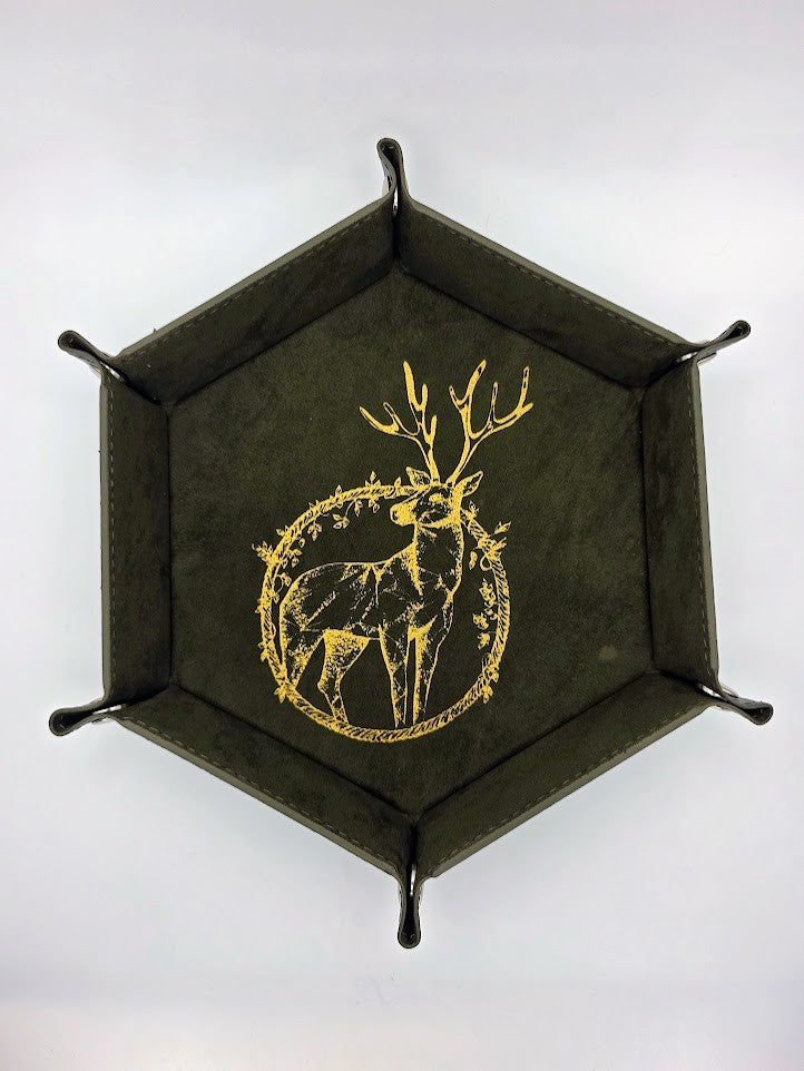 Green Deer Dice Tray Hexagon Folding Leather and Velvet Dice Tray