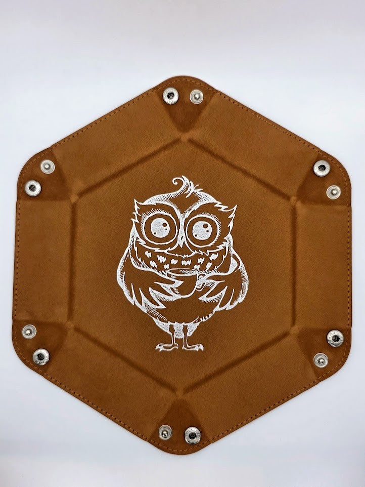 Brown Owl Dice Tray Hexagon Folding Leather and Velvet Dice Tray