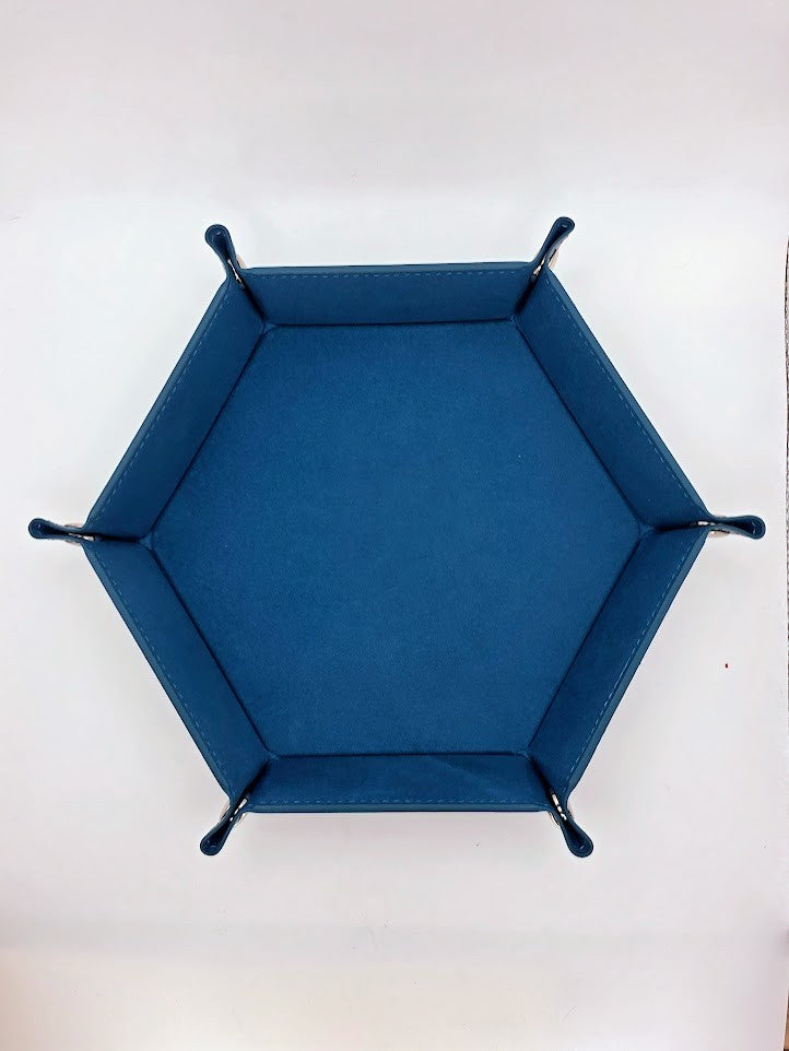 Blue Dice Tray Hexagon Folding Leather and Velvet Dice Tray