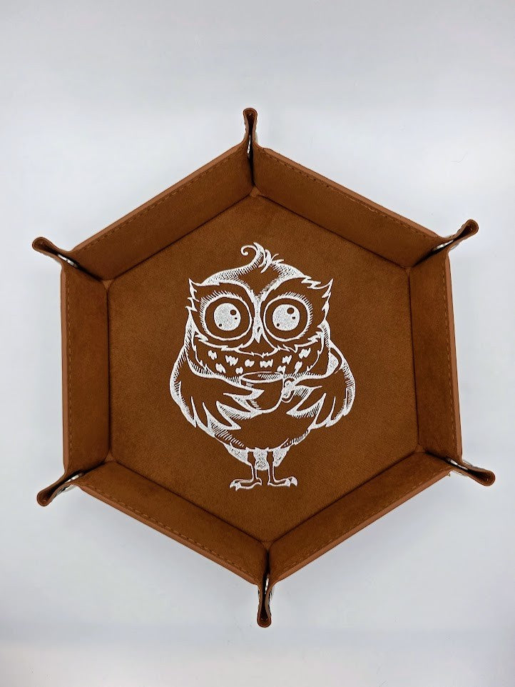 Brown Owl Dice Tray Hexagon Folding Leather and Velvet Dice Tray