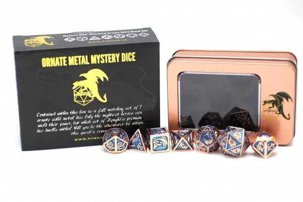 Mystery Set of 7 Matching Ornate Solid Metal Polyhedral D&D RPG Dice