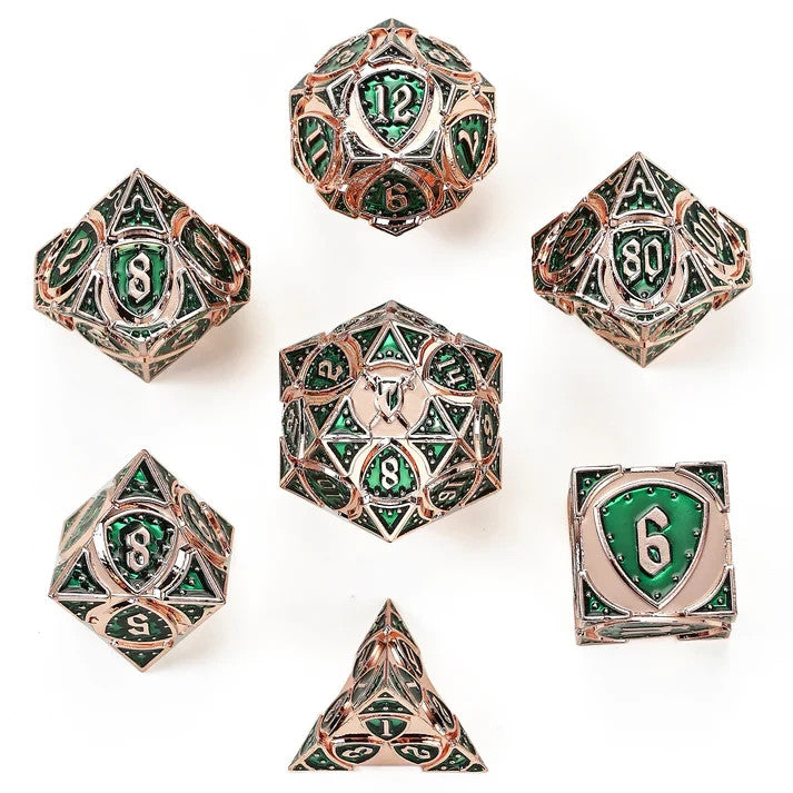 Mystery Set of 7 Matching Ornate Solid Metal Polyhedral D&D RPG Dice