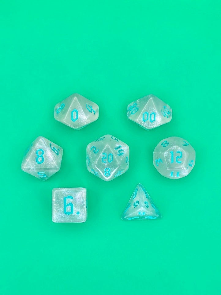 7PCS DND Dice Set "Crystal Cyan" Polyhedral Dice With Drawstring Bag for D&D