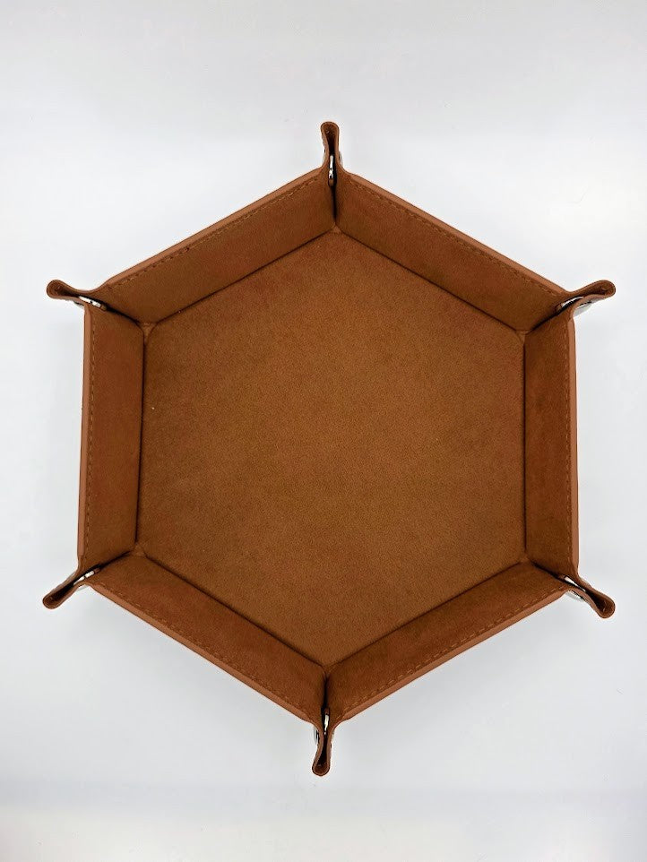 Brown Dice Tray Hexagon Folding Leather and Velvet Dice Tray