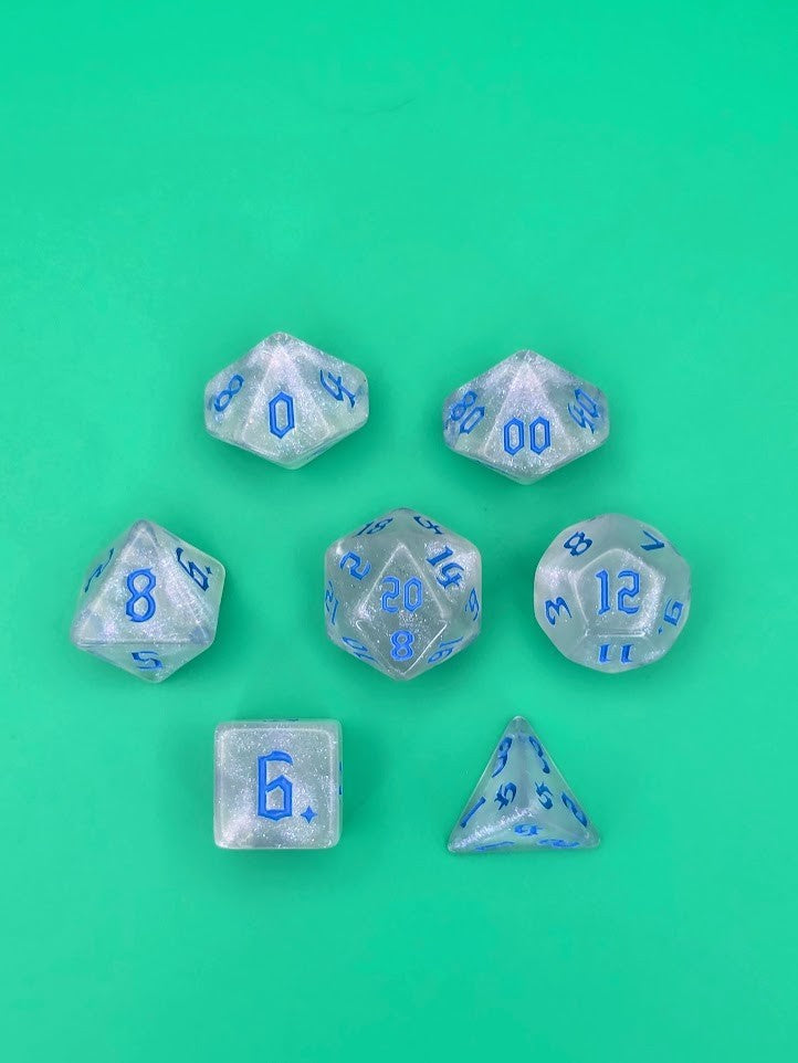 7PCS DND Dice Set "Crystal Blue" Polyhedral Dice With Drawstring Bag for D&D