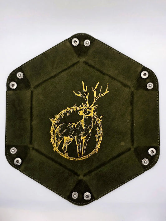 Green Deer Dice Tray Hexagon Folding Leather and Velvet Dice Tray