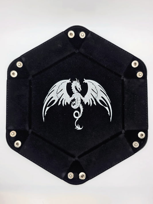 Black Dragon Dice Tray Hexagon Folding Leather and Velvet Dice Tray
