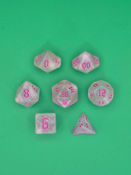 7PCS DND Dice Set "Crystal Pink" Polyhedral Dice With Drawstring Bag for D&D