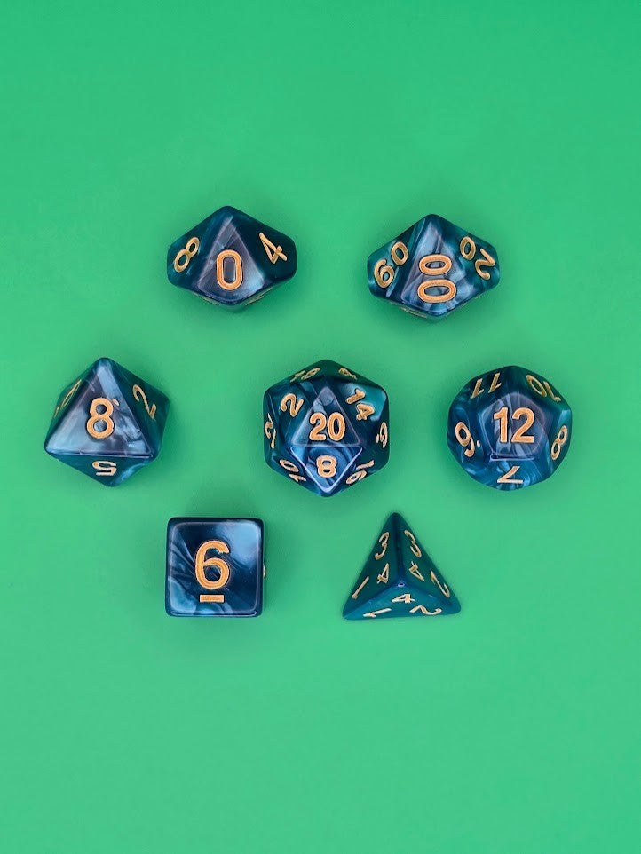 7PCS DND Dice Set "Sapphire Burn" Polyhedral Dice With Drawstring Bag for D&D