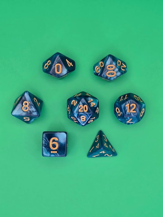 7PCS DND Dice Set "Sapphire Burn" Polyhedral Dice With Drawstring Bag for D&D
