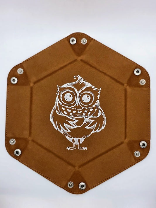 Brown Owl Dice Tray Hexagon Folding Leather and Velvet Dice Tray