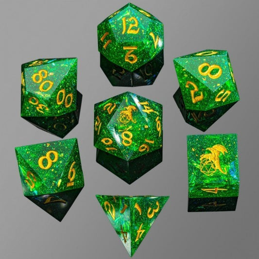7PCS DND Dice Set "Emerald Gem" Polyhedral Dice Hand Sanded Sharp Edge for D&D