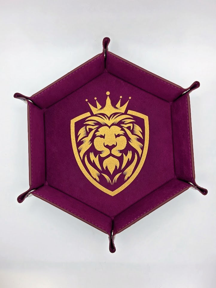 Purple Lion Dice Tray Hexagon Folding Leather and Velvet Dice Tray