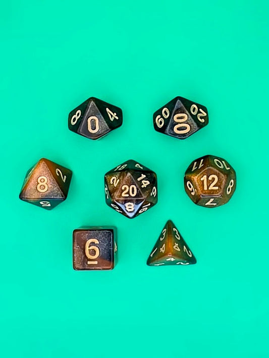 7PCS DND Dice Set "Bronze Burn" Polyhedral Dice With Drawstring Bag for D&D