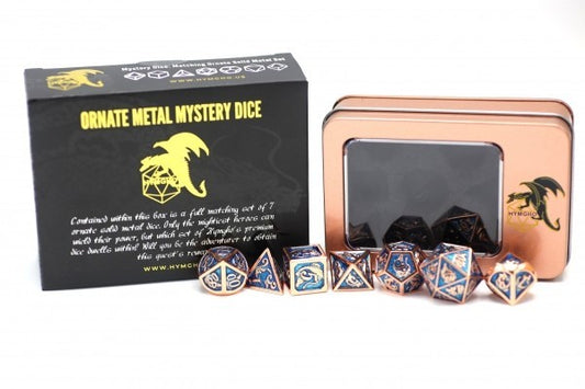 Mystery Set of 7 Matching Ornate Solid Metal Polyhedral D&D RPG Dice