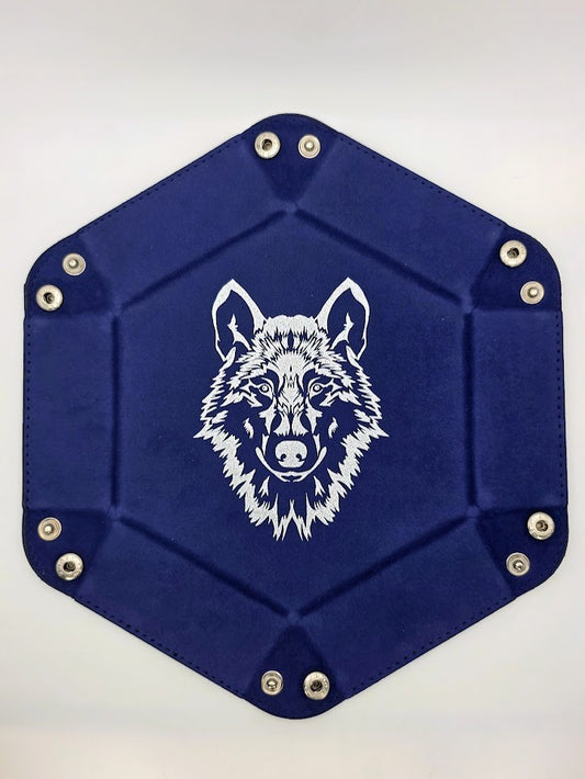 Blue Wolf Dice Tray Hexagon Folding Leather and Velvet Dice Tray