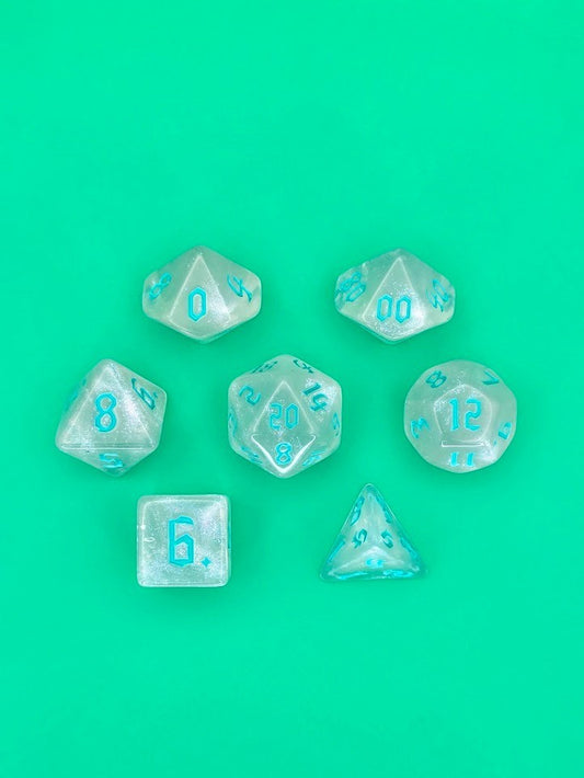 7PCS DND Dice Set "Crystal Cyan" Polyhedral Dice With Drawstring Bag for D&D