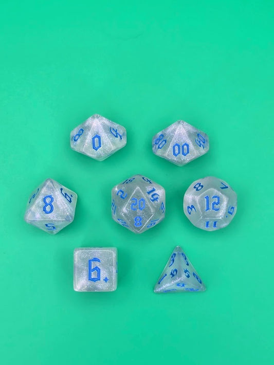 7PCS DND Dice Set "Crystal Blue" Polyhedral Dice With Drawstring Bag for D&D