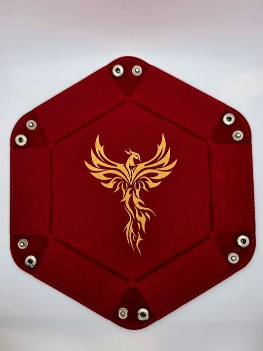 Red Pheonix Dice Tray Hexagon Folding Leather and Velvet Dice Tray